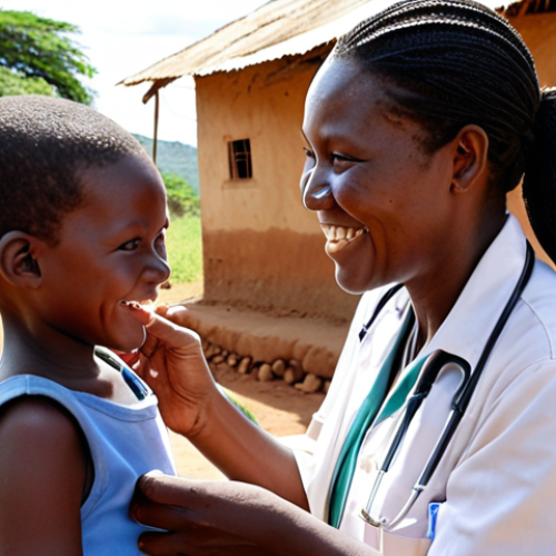 Home 26 **Image Prompt 1: Global Vaccination Impact**
A compassionate healthcare worker, possibly in a rural African village, administers a vaccine to a smiling child. The scene emphasizes hope and the immense logistical effort to reach remote communities. In the background, other villagers wait patiently, signifying community trust and the widespread impact of global health campaigns. Bright sunlight, documentary style, focusing on human connection and progress.