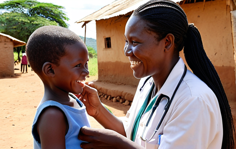 **Image Prompt 1: Global Vaccination Impact**
    A compassionate healthcare worker, possibly in a rural African village, administers a vaccine to a smiling child. The scene emphasizes hope and the immense logistical effort to reach remote communities. In the background, other villagers wait patiently, signifying community trust and the widespread impact of global health campaigns. Bright sunlight, documentary style, focusing on human connection and progress.