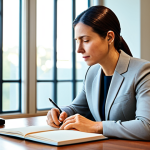 A confident professional woman, mid-30s, with a thoughtful, introspective expression, wearing a modest business suit, fully clothed, appropriate attire, sitting at a sleek, minimalist desk in a serene, modern study. Soft, natural light streams in from a large window, creating a peaceful ambiance. She is gently touching an open journal, symbolizing self-reflection and the journey of rediscovering purpose. The scene embodies inner peace and personal growth. safe for work, appropriate content, professional, family-friendly, perfect anatomy, correct proportions, natural pose, well-formed hands, proper finger count, natural body proportions, professional photography, high quality, detailed, realistic, studio lighting.