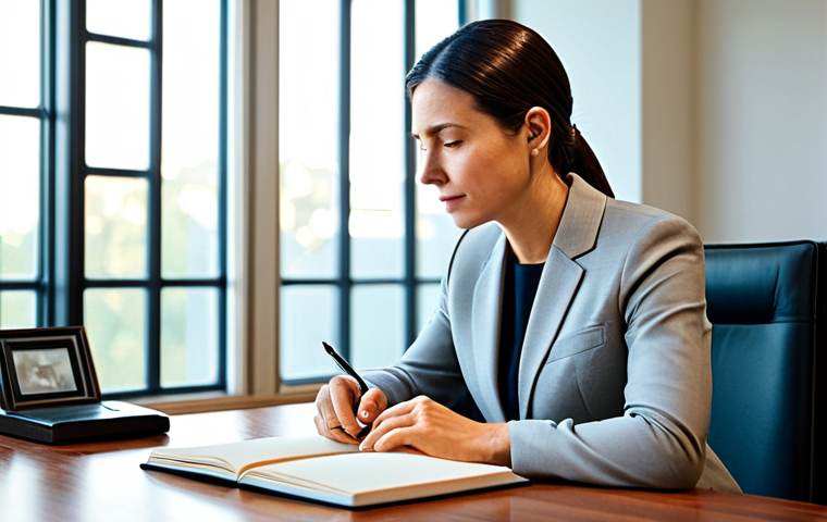 A confident professional woman, mid-30s, with a thoughtful, introspective expression, wearing a modest business suit, fully clothed, appropriate attire, sitting at a sleek, minimalist desk in a serene, modern study. Soft, natural light streams in from a large window, creating a peaceful ambiance. She is gently touching an open journal, symbolizing self-reflection and the journey of rediscovering purpose. The scene embodies inner peace and personal growth. safe for work, appropriate content, professional, family-friendly, perfect anatomy, correct proportions, natural pose, well-formed hands, proper finger count, natural body proportions, professional photography, high quality, detailed, realistic, studio lighting.