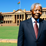 Mandela's Leadership**

"A professional portrait of Nelson Mandela, fully clothed in a modest, tailored suit, standing confidently in front of the Union Buildings in Pretoria, South Africa. The background features a clear blue sky. The image conveys strength, wisdom, and determination. Safe for work, appropriate content, professional, perfect anatomy, natural proportions, high quality."

**