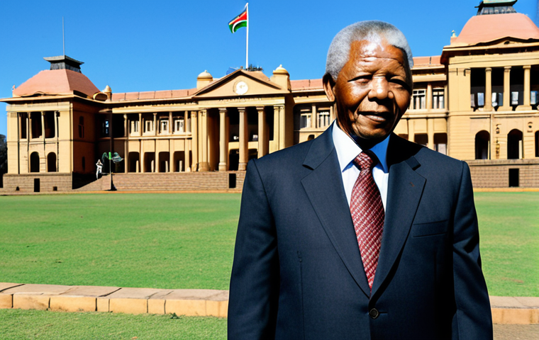 Mandela's Leadership**

"A professional portrait of Nelson Mandela, fully clothed in a modest, tailored suit, standing confidently in front of the Union Buildings in Pretoria, South Africa. The background features a clear blue sky. The image conveys strength, wisdom, and determination. Safe for work, appropriate content, professional, perfect anatomy, natural proportions, high quality."

**