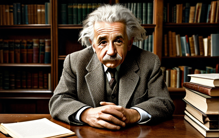 **

"A portrait of a wise, older Albert Einstein, fully clothed in a professional tweed suit, sitting in his study surrounded by books and papers, thoughtful expression, modest attire, safe for work, perfect anatomy, correct proportions, natural pose, scholarly environment, warm lighting, professional photography, high quality, appropriate content."

**