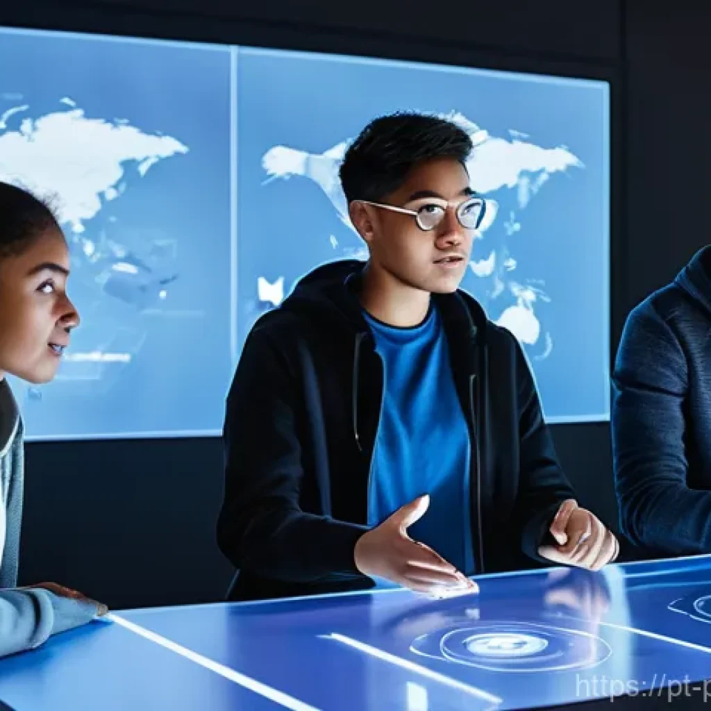 마크 저커버그 기업 문화 - A group of five diverse young adults, aged around 18-22, engaged in a collaborative project within a...