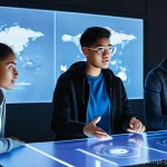 Home 12 마크 저커버그 기업 문화 - A group of five diverse young adults, aged around 18-22, engaged in a collaborative project within a...