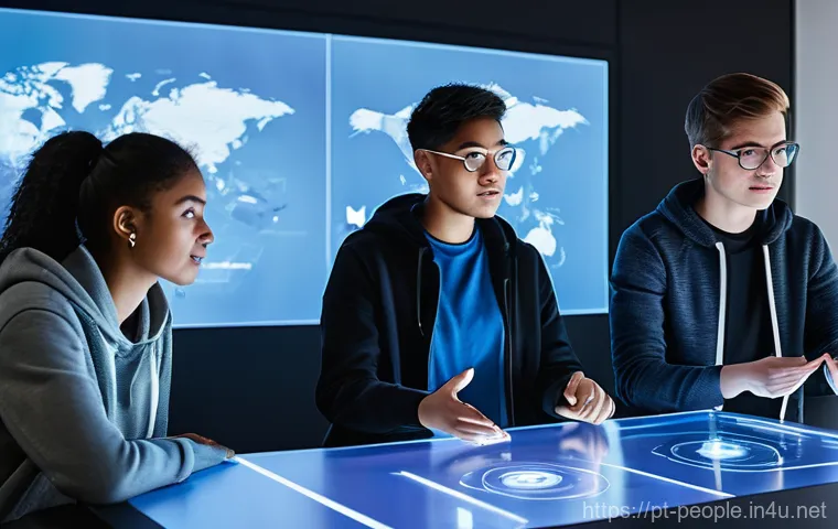 마크 저커버그 기업 문화 - A group of five diverse young adults, aged around 18-22, engaged in a collaborative project within a...