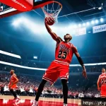 Home 19 마이클 조던 농구 혁명 - A dynamic basketball scene featuring a skilled player inspired by Michael Jordan performing a gravit...