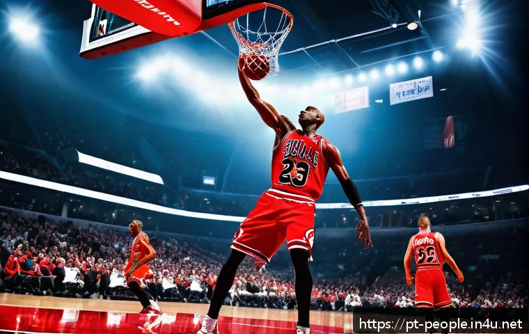 마이클 조던 농구 혁명 - A dynamic basketball scene featuring a skilled player inspired by Michael Jordan performing a gravit...