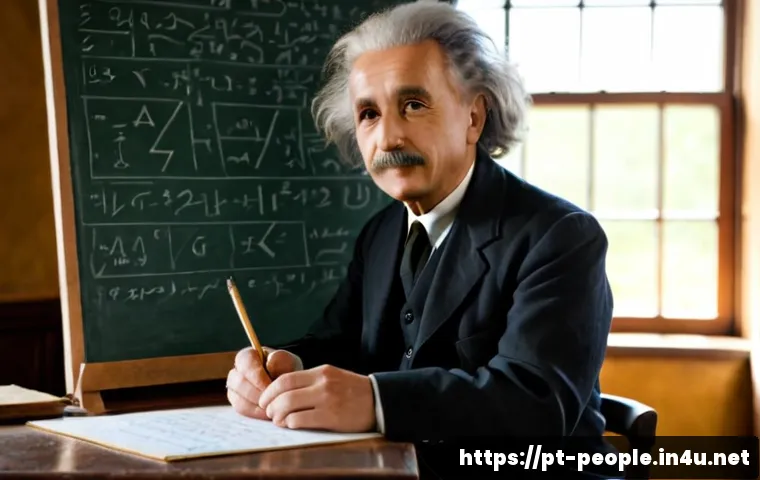 Home 13 알버트 아인슈타인 물리학 혁명 - Photorealistic historical portrait of Albert Einstein in a modest early-20th-century physics study, ...