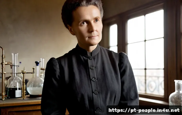 Home 15 마리 퀴리 여성 과학자 - Photorealistic historical portrait of Marie Curie, pioneering woman scientist, wearing a modest dark...